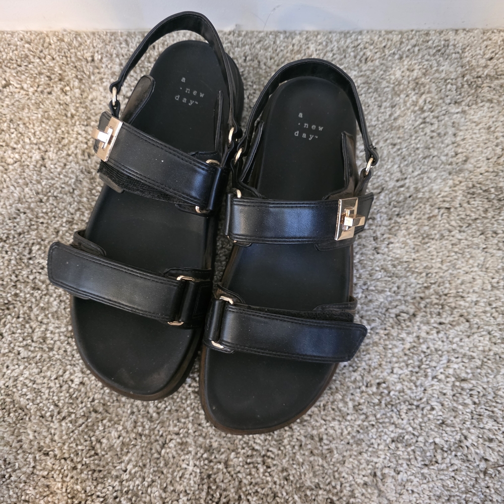 A New Day Black Sandals with Gold Accents